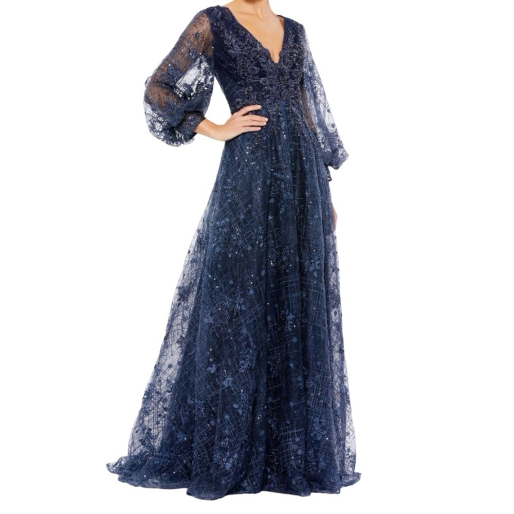 Mac Duggal Embellished Plunge Neck Puff Sleeve A-Line Gown